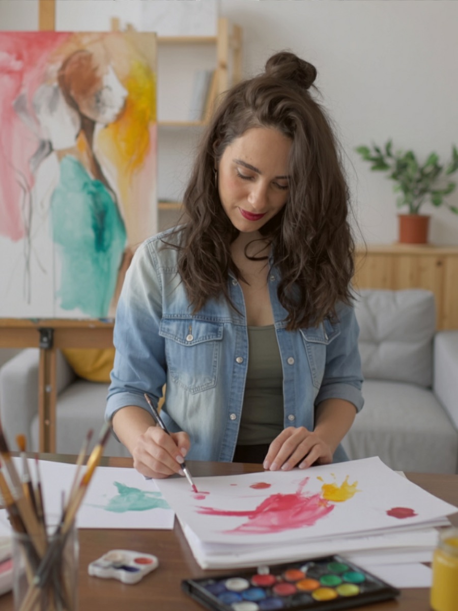 Ilaria mentre dipinge una delle sue opere intuitive